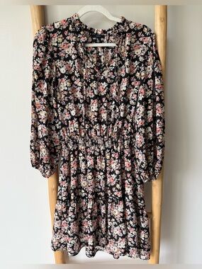 DREW Ruffle Black Floral Pattern Lightweight Long Sleeve Tiered Mini Dress S